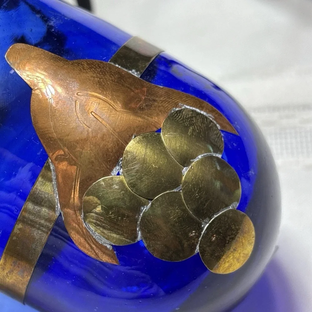 COBALT BLUE BLOWN GLASS COPPER BRASS FLOWER WROUGHT IRON VOTIVE CANDLE HOLDER